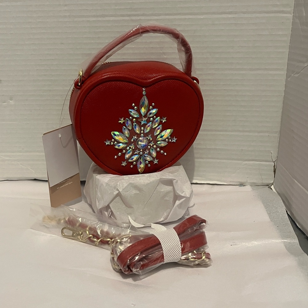 Red Heart-Shaped Bag with Crystal Embellishments Hand Crafted - Picture 6 of 8